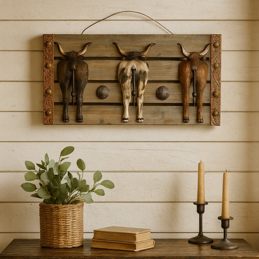 Rustic Western Cow Butt Coat Wall Hooks Rack With Wooden Plaque